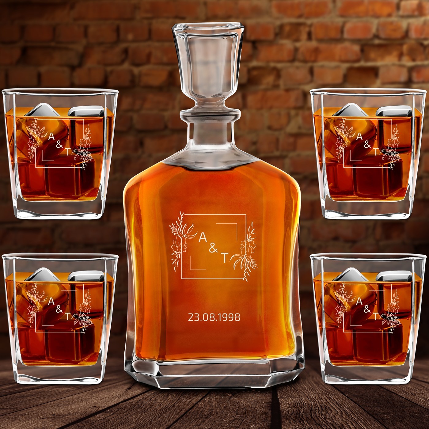 Set Carafe à whisky et 4 verres avec gravure - cadeau de mariage