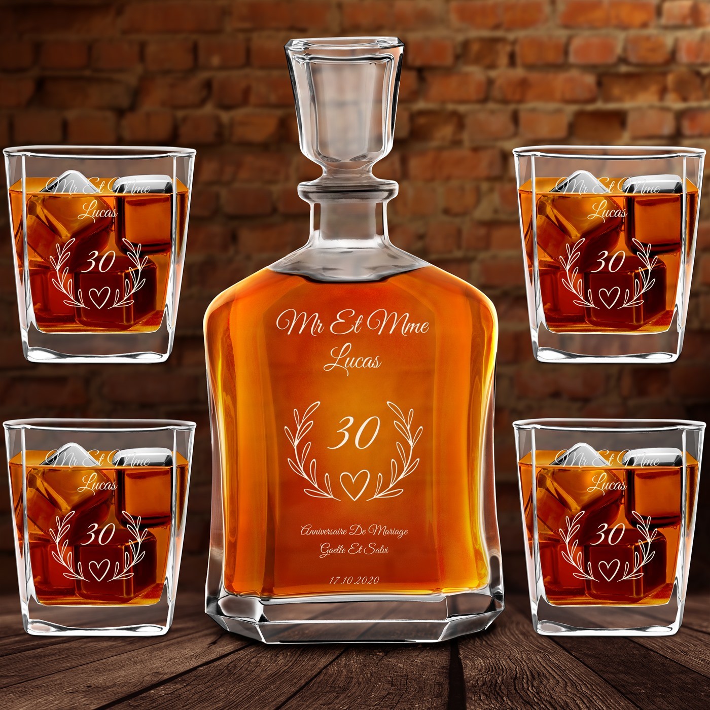 Set Carafe à whisky et 4 verres avec gravure pour anniversaire de mariage