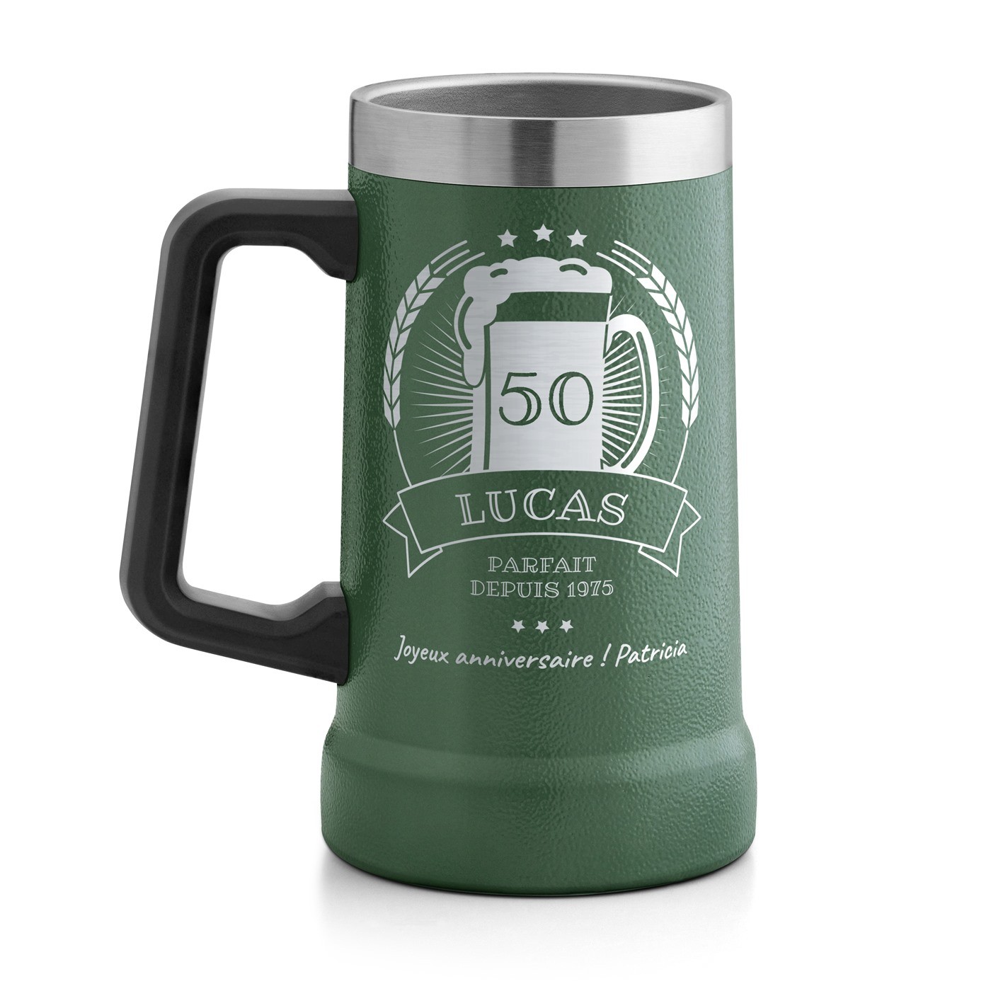 Gobelet isotherme verre à bière vert avec gravure pour un homme pour ses 50 ans