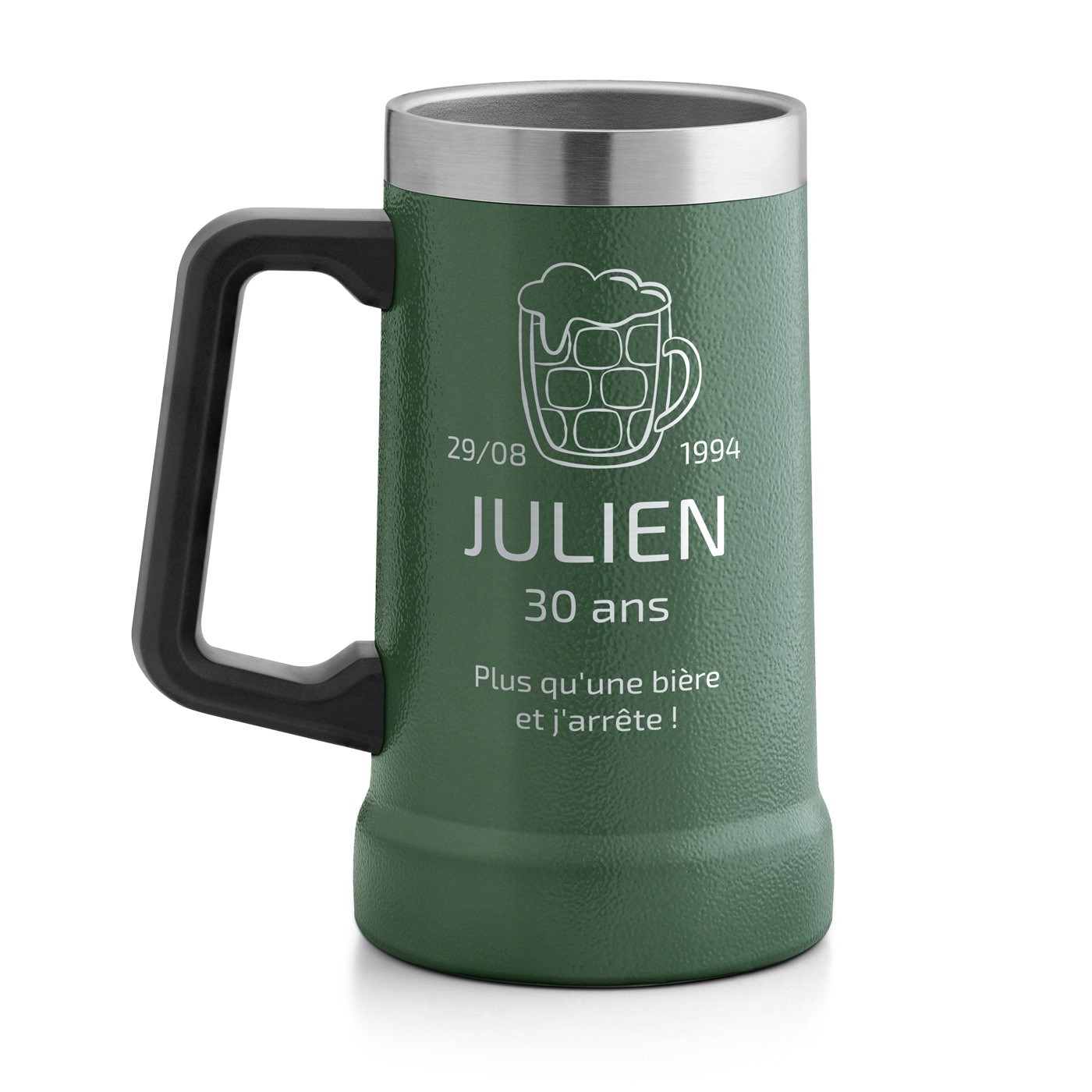 Gobelet isotherme verre à bière vert personnalisé pour un homme pour ses 30 ans