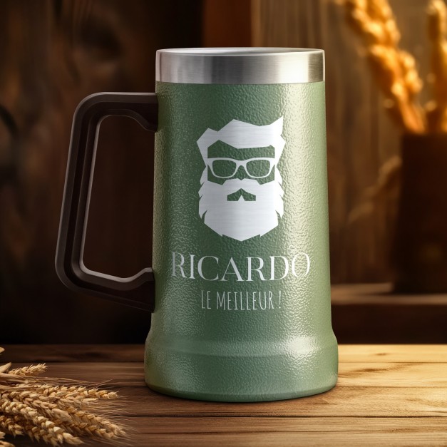 Gobelet isotherme verre à bière vert avec gravure pour un copain pour Noël