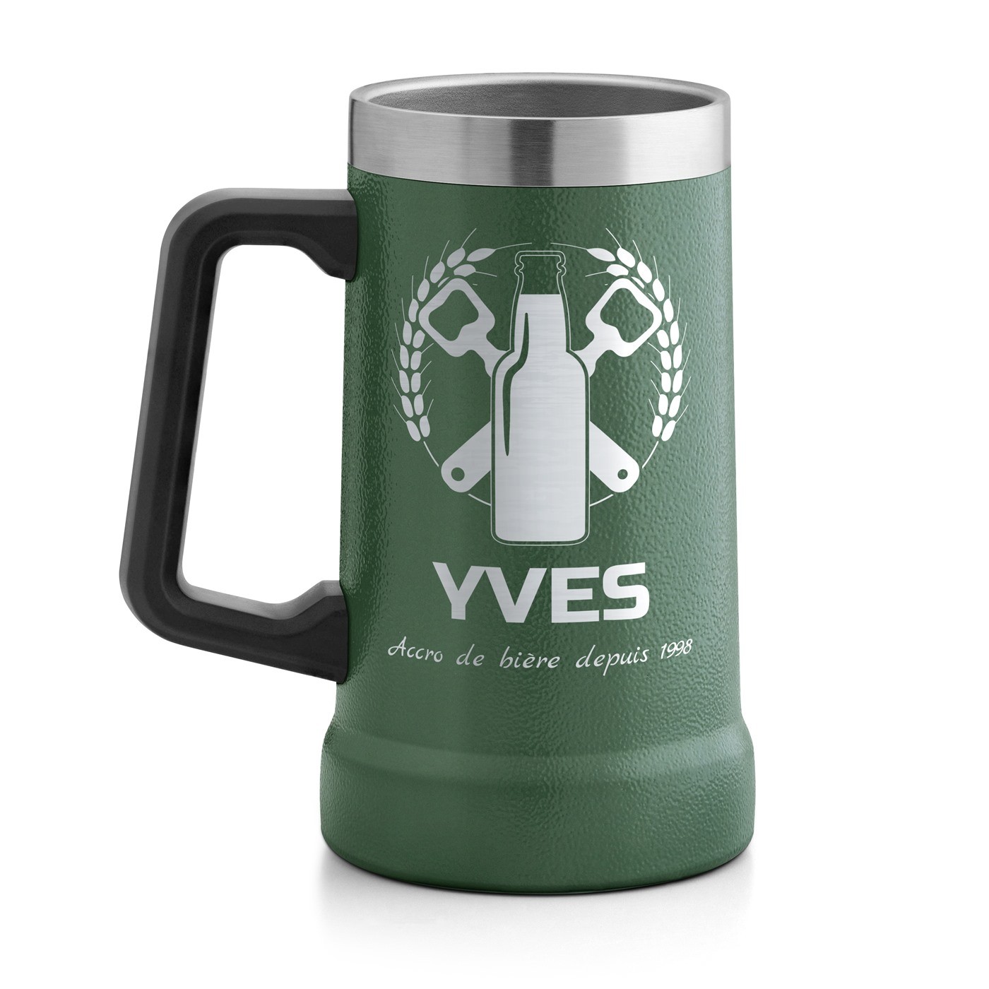 Gobelet isotherme verre à bière vert personnalisé pour l'anniversaire d'un copain