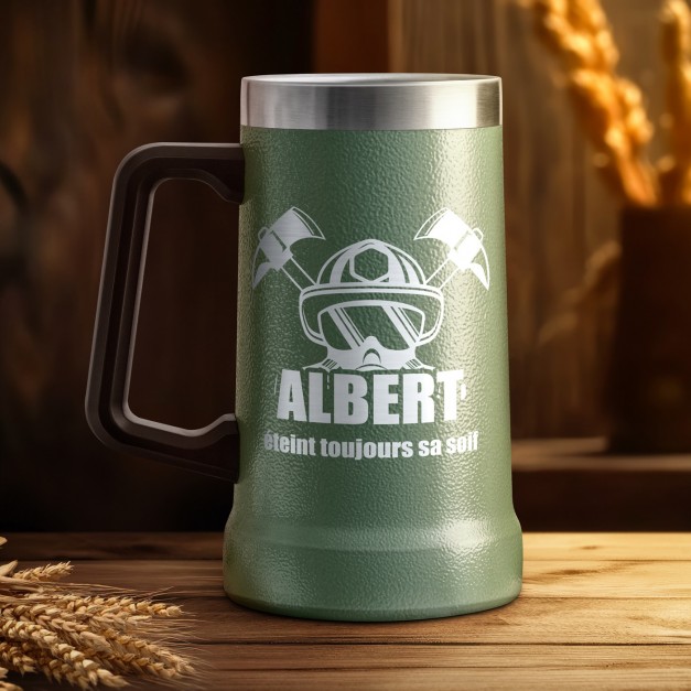 Gobelet isotherme verre à bière vert personnalisé pour l'anniversaire d'un pompier