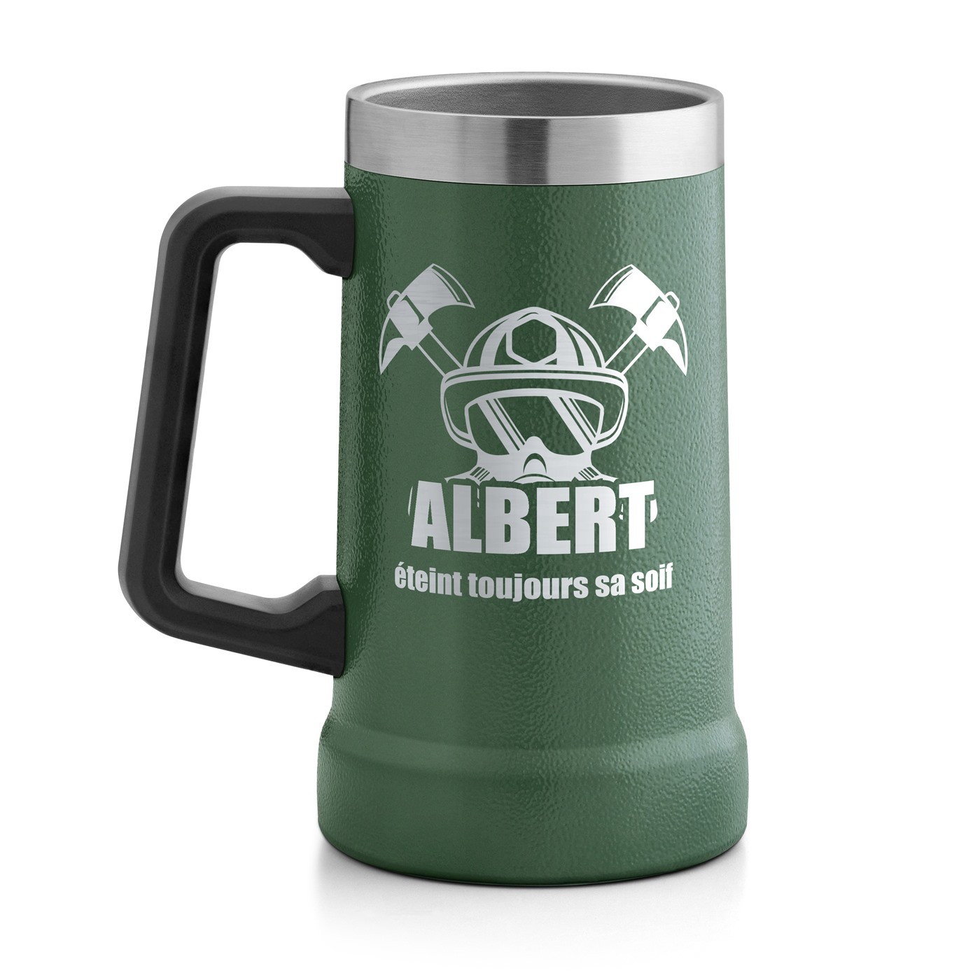 Gobelet isotherme verre à bière vert personnalisé pour l'anniversaire d'un pompier