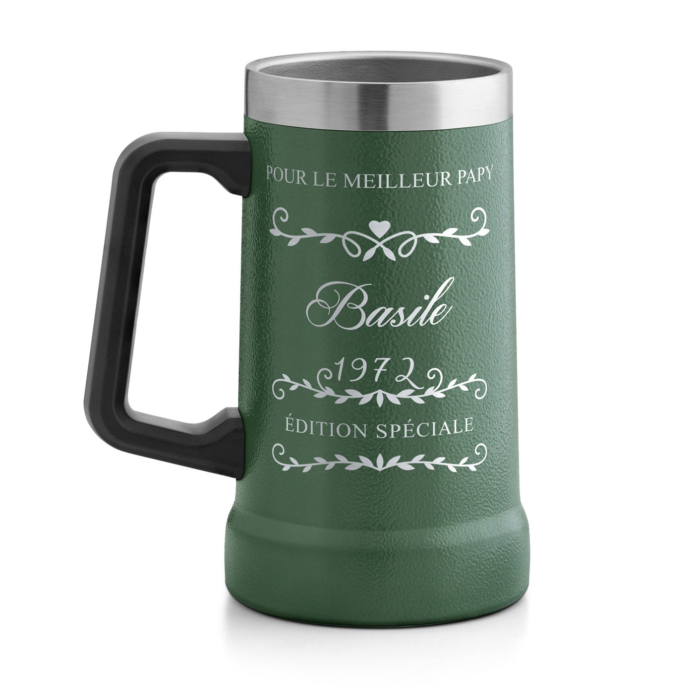 Gobelet isotherme verre à bière vert avec gravure pour l'anniversaire de papy