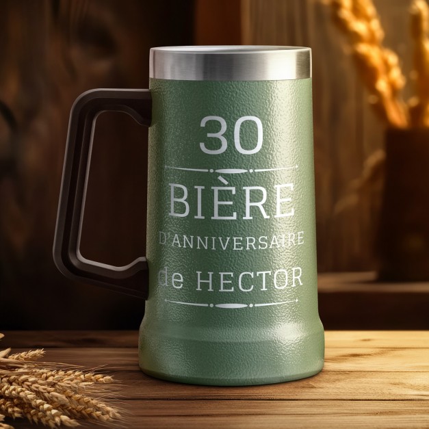 Gobelet isotherme verre à bière vert avec gravure pour un ami pour ses 30 ans