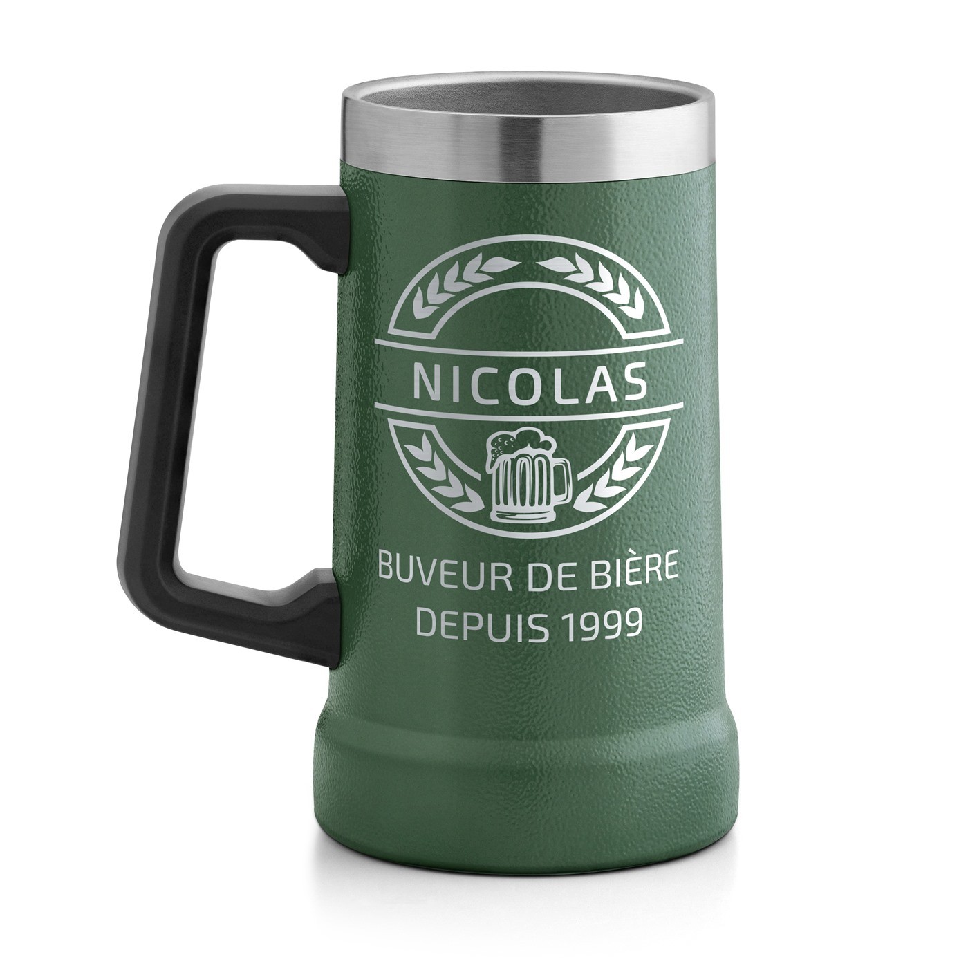 Gobelet isotherme verre à bière vert avec gravure pour l'anniversaire d'un frère