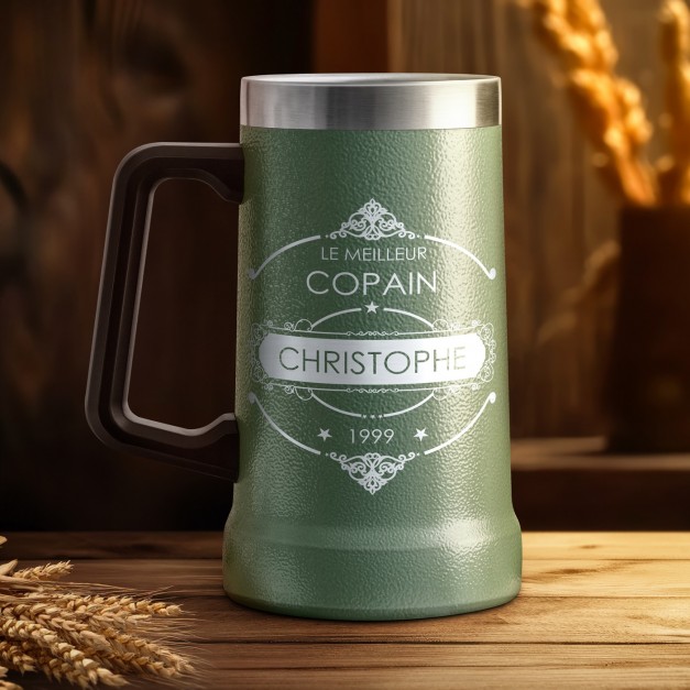 Gobelet isotherme verre à bière vert avec gravure pour l'anniversaire d'un meilleur copain