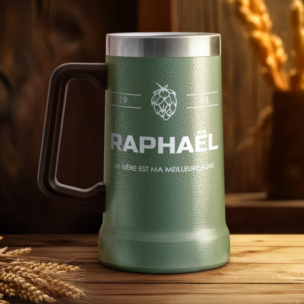 Gobelet isotherme verre à bière vert avec gravure pour un mari pour son anniversaire