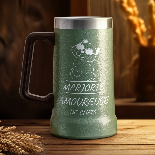 Gobelet isotherme verre à bière vert avec gravure pour une fan de chats