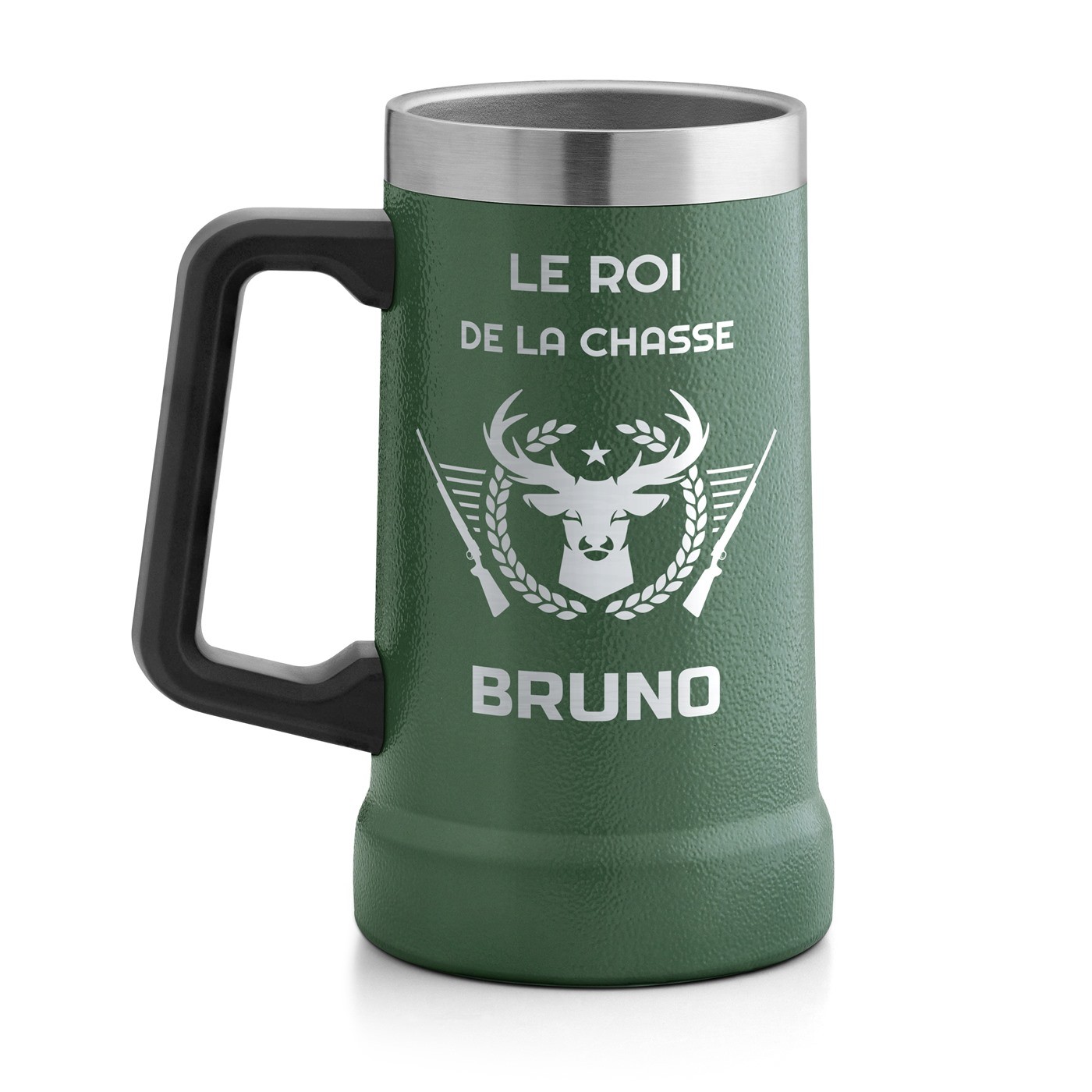 Gobelet isotherme verre à bière vert avec gravure pour l'anniversaire d'un chasseur
