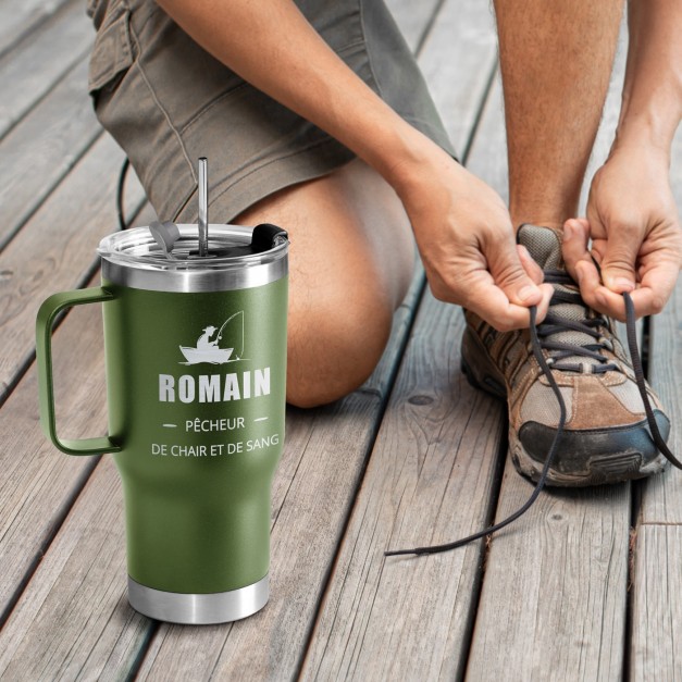 Mug de voyage vert avec gravure pour l'anniversaire de papy