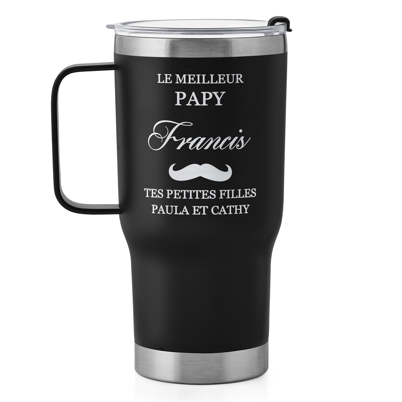 Gobelet isotherme noir personnalisé pour l'anniversaire de papy
