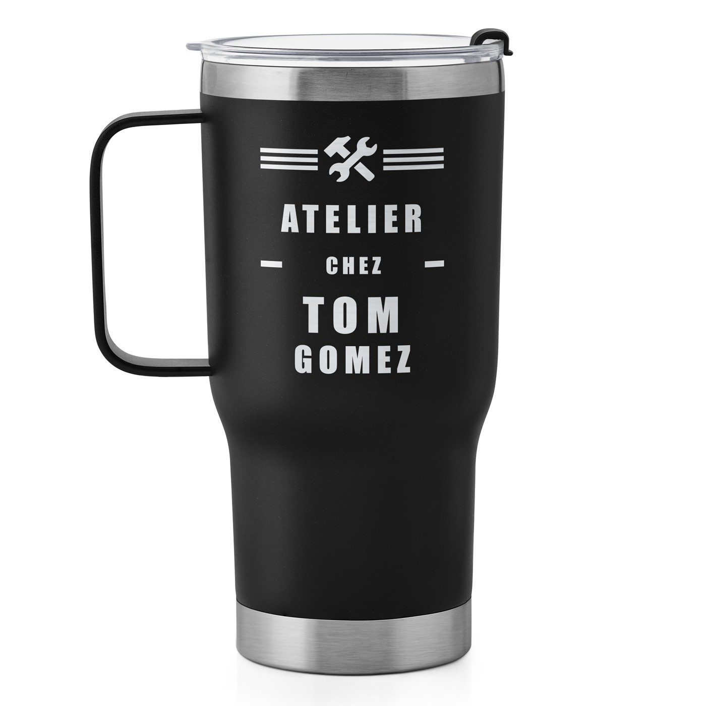 Gobelet isotherme noir avec gravure pour l'anniversaire d'un bricoleur