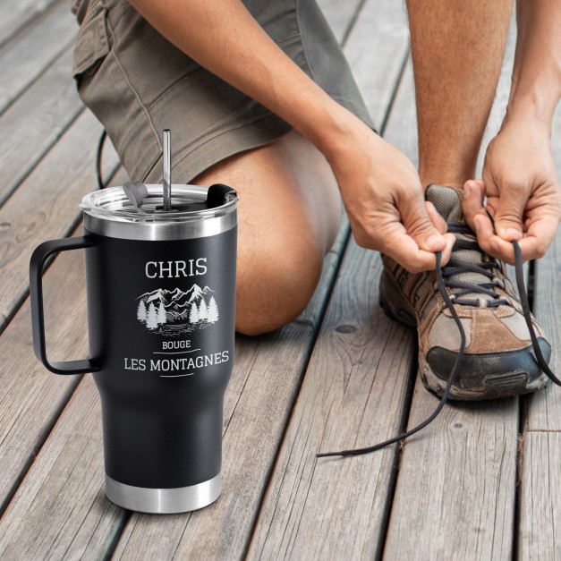 Gobelet isotherme noir personnalisé pour un fan de montagnes