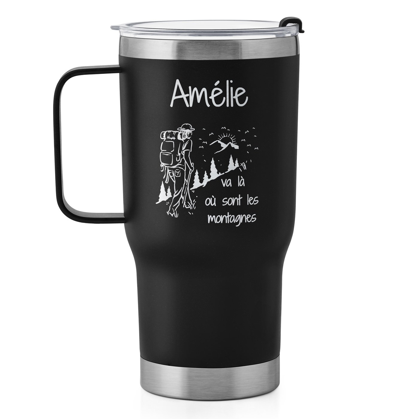 Gobelet isotherme noir avec gravure pour l'anniversaire d'une fan de montagnes