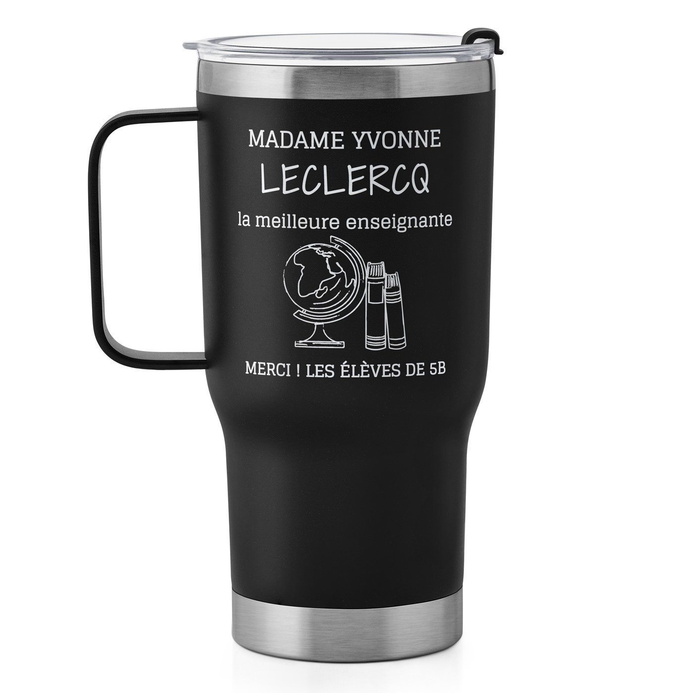 Gobelet isotherme noir personnalisé pour une enseignante