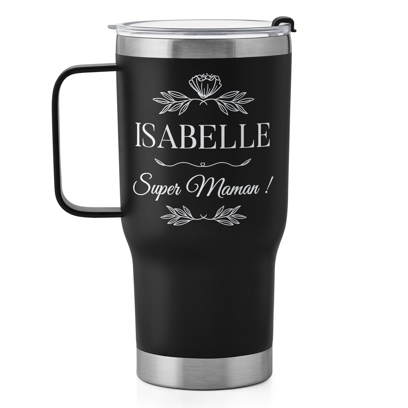 Gobelet isotherme noir personnalisé pour l'anniversaire de maman