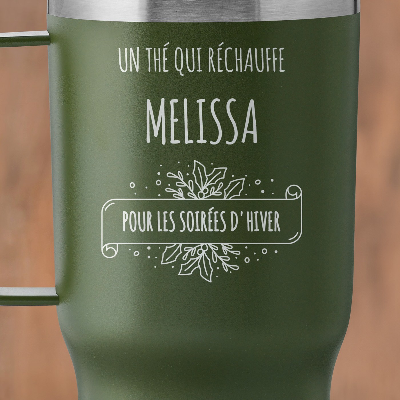 Mug de voyage vert avec gravure pour une femme pour Noël
