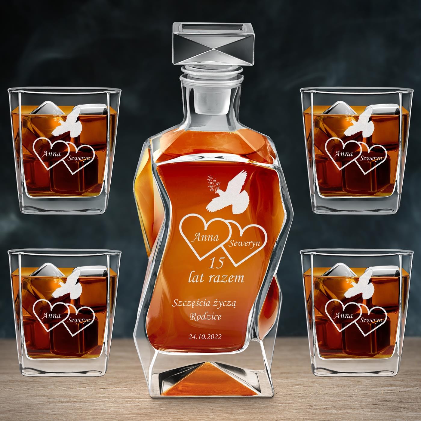 Ensemble Carafe Courbe et 4 verres avec gravure pour couple 15 ans de mariage
