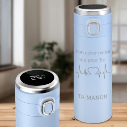 Mug de voyage bleu avec gravure avec un affichage LED pour lui pour la Saint-Valentin