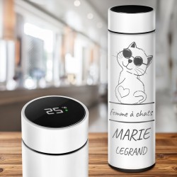 Bouteille isotherme blanche avec gravure avec un affichage LED pour une fan de chats