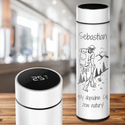 Bouteille isotherme blanche avec gravure avec un affichage LED pour l'anniversaire d'un passionné de montagne