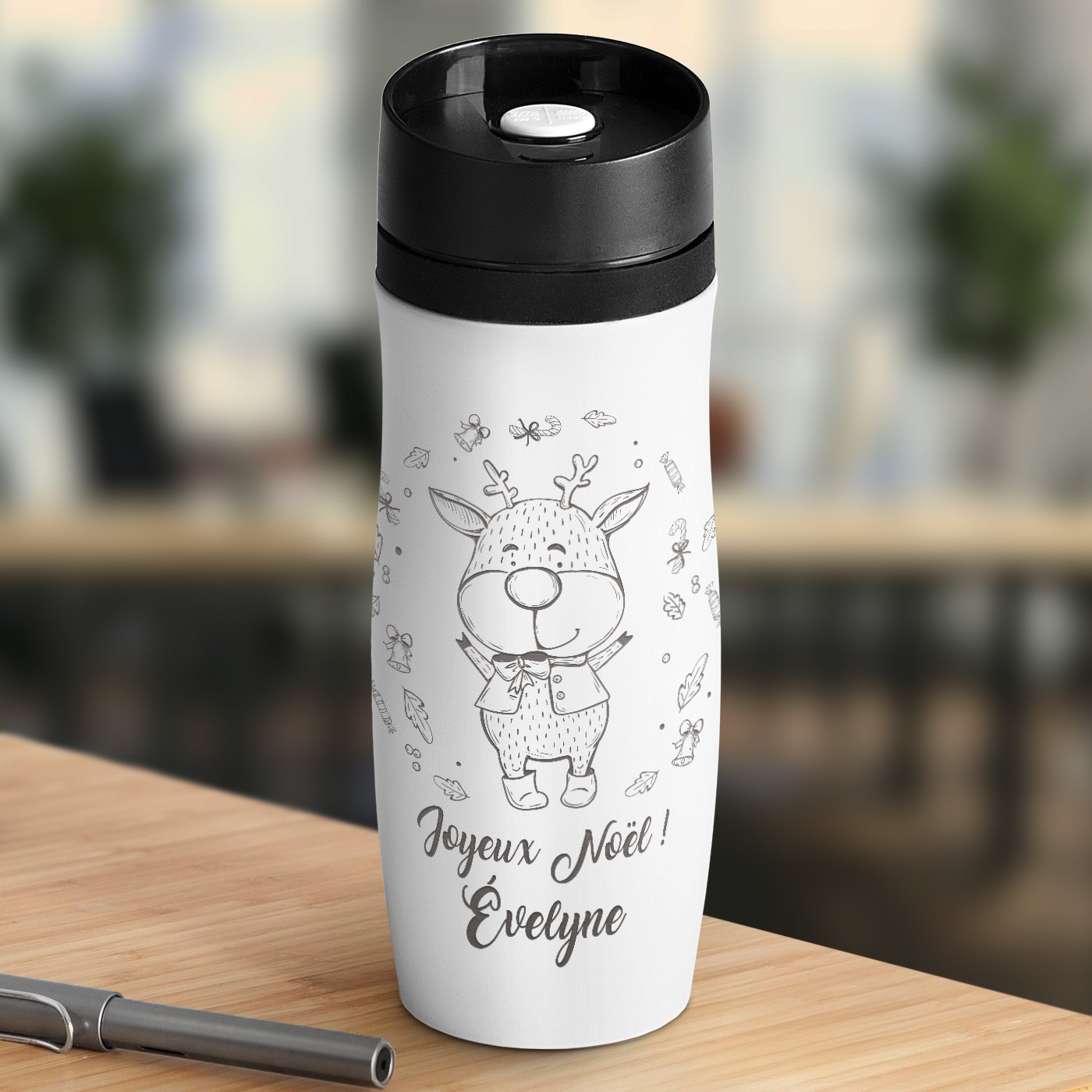 Mug thermos blanc avec gravure avec fermeture Quick-Press pour maman pour Noël