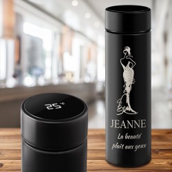 Bouteille isotherme noire avec gravure avec affichage LED pour la fête des secrétaires