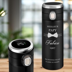 Mug de voyage noir avec gravure avec un affichage LED pour l'anniversaire de papy