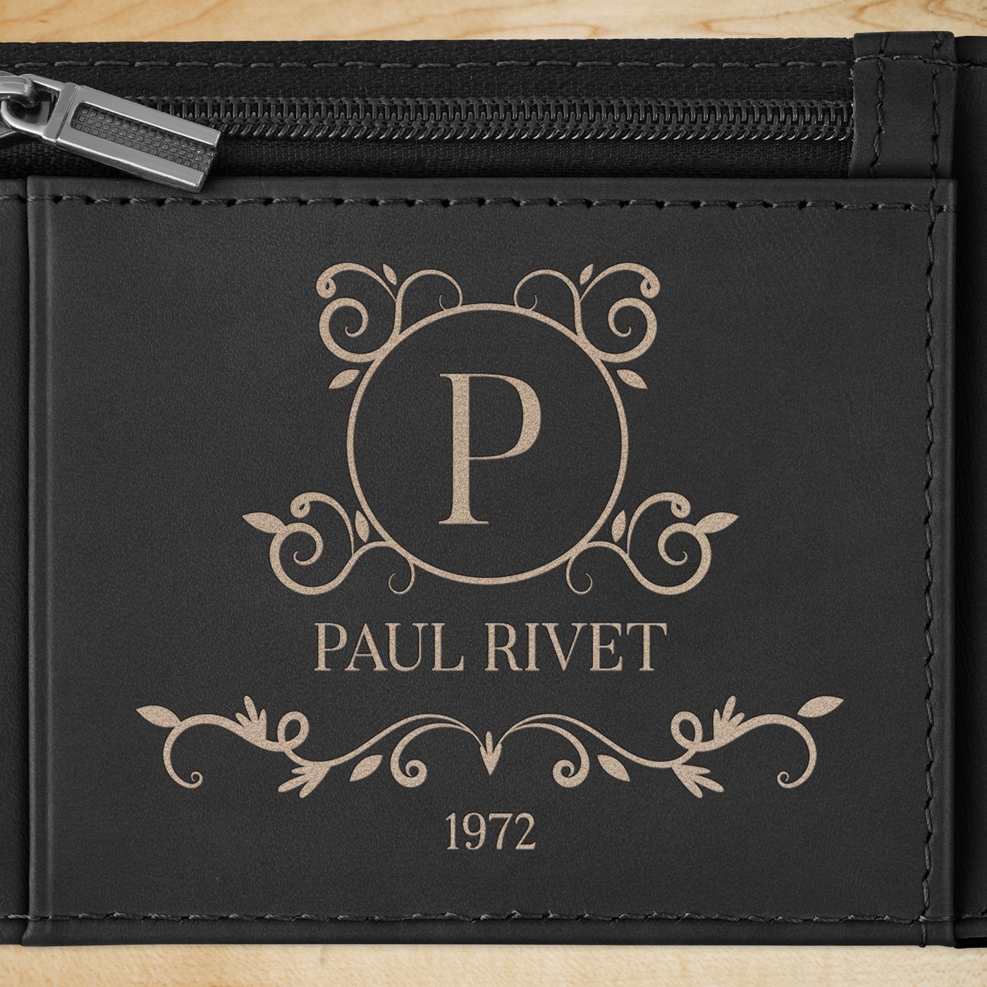 Portefeuille Slim en cuir noir lisse avec gravure pour l'anniversaire de papa