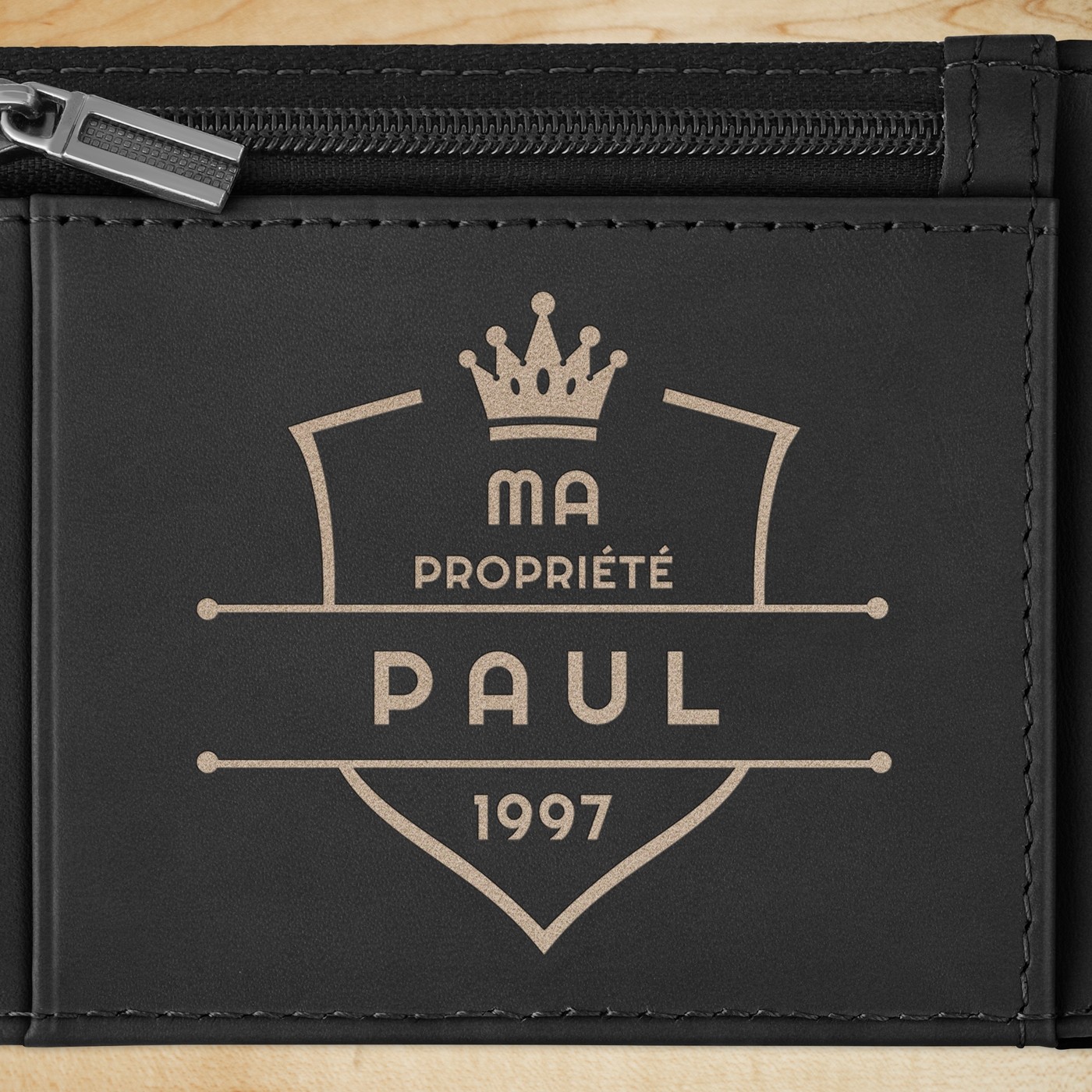 Portefeuille Slim en cuir noir lisse avec gravure pour l'anniversaire d'un chef