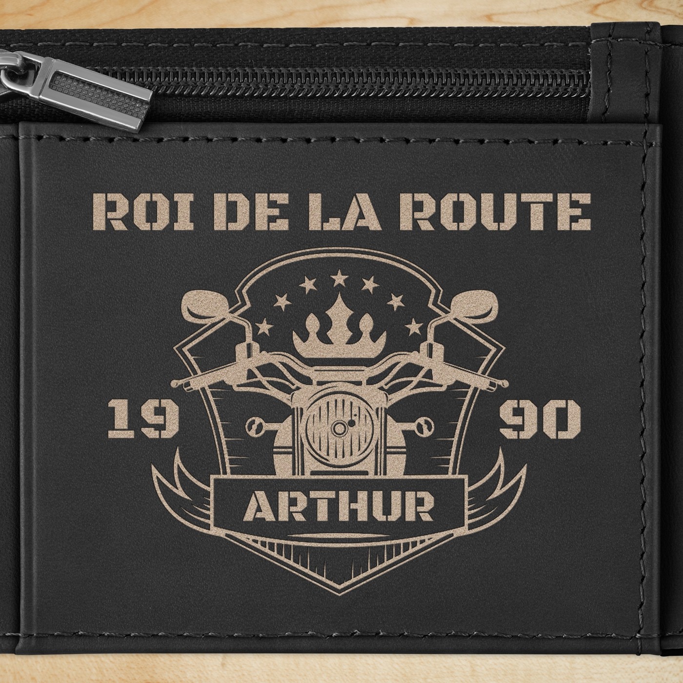Portefeuille Slim en cuir noir lisse personnalisé pour l'anniversaire du roi de la route