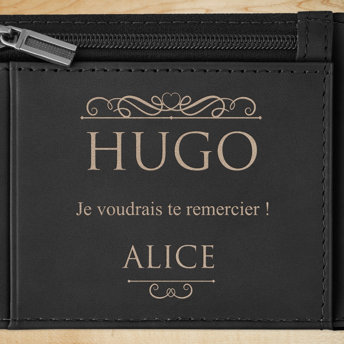Portefeuille Slim en cuir noir lisse avec gravure pour l'anniversaire d'un ami