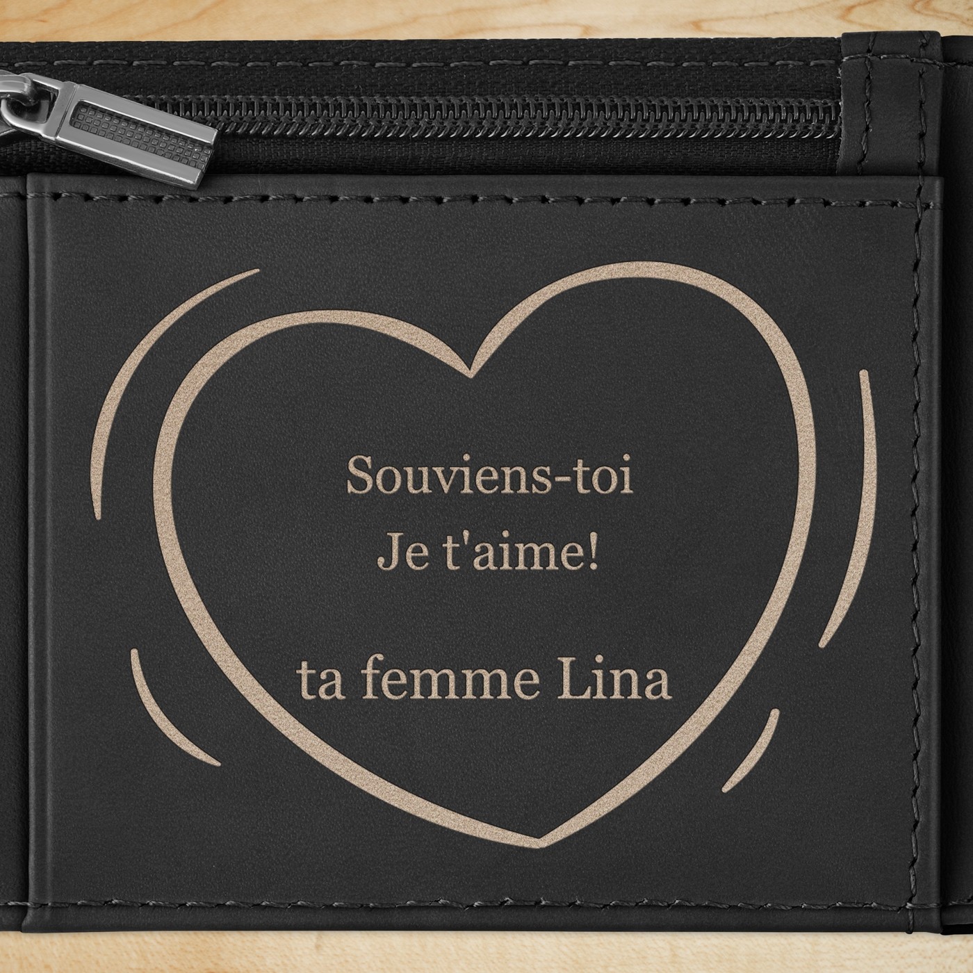 Portefeuille Slim en cuir noir lisse avec gravure pour un époux pour l'anniversaire de mariage