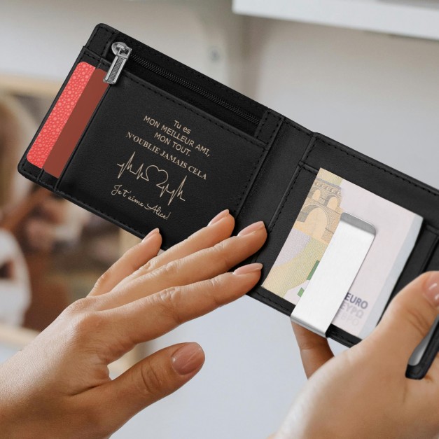 Portefeuille Slim en cuir noir lisse personnalisé pour un meilleur ami pour la Saint-Valentin
