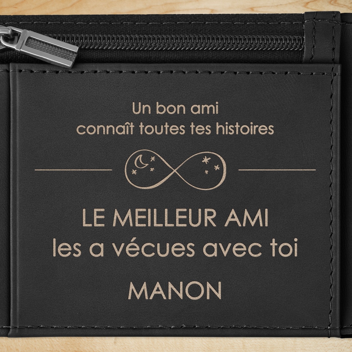 Portefeuille Slim en cuir noir lisse personnalisé pour l'anniversaire d'un meilleur ami
