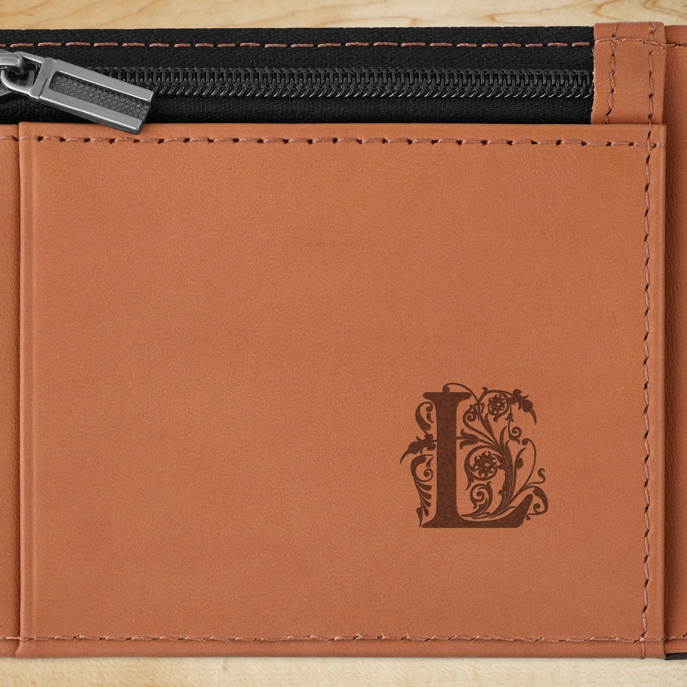 Portefeuille Slim en cuir noir lisse avec intérieur brun personnalisé pour papa pour Noël