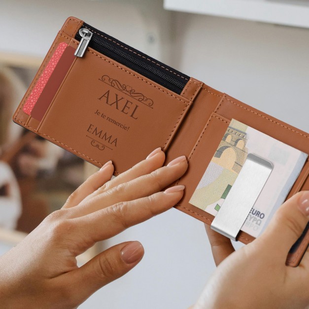 Portefeuille Slim en cuir noir lisse avec intérieur brun personnalisé pour un ami pour la Saint-Valentin