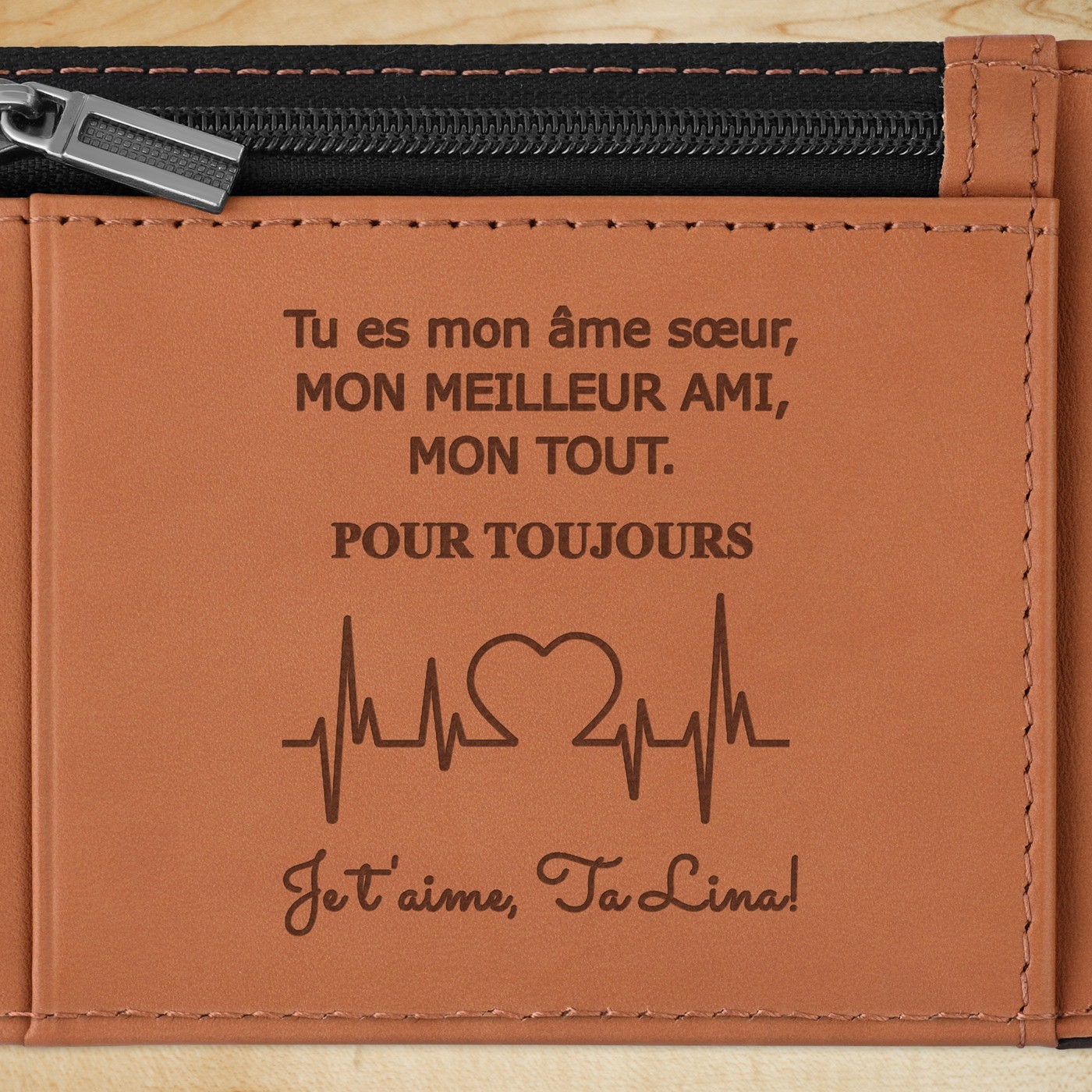 Portefeuille Slim en cuir noir lisse avec intérieur brun avec gravure pour un meilleur ami pour la Saint-Valentin