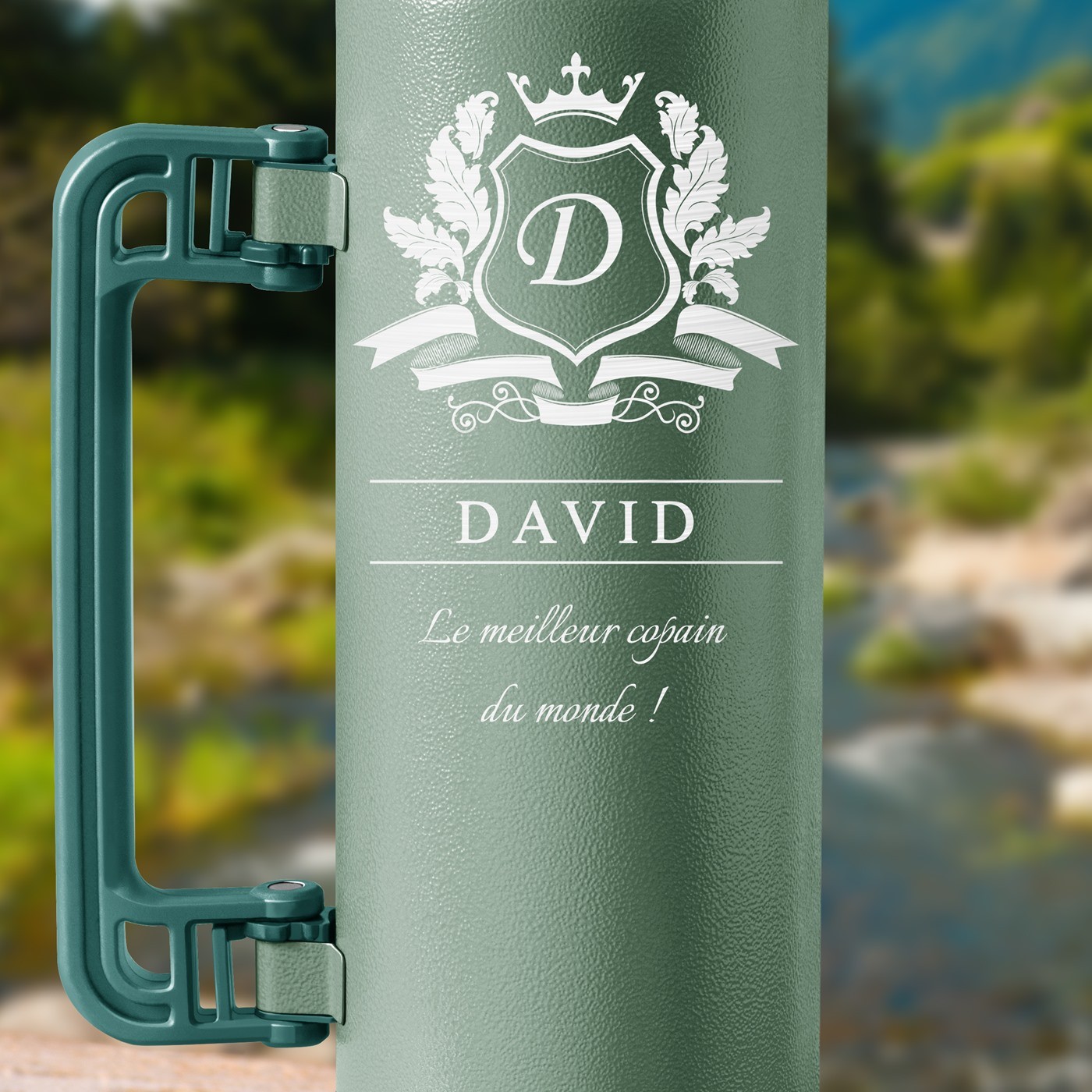 Thermos vert personnalisé pour l'anniversaire d'un copain