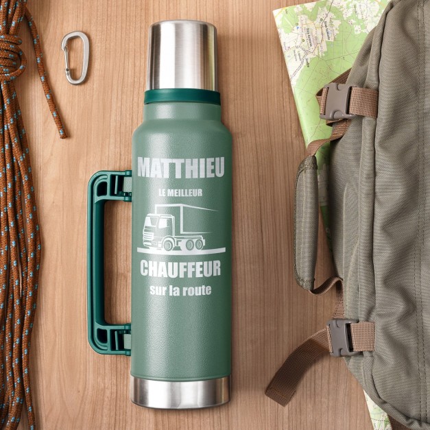Thermos vert personnalisé pour l'anniversaire d'un chauffeur