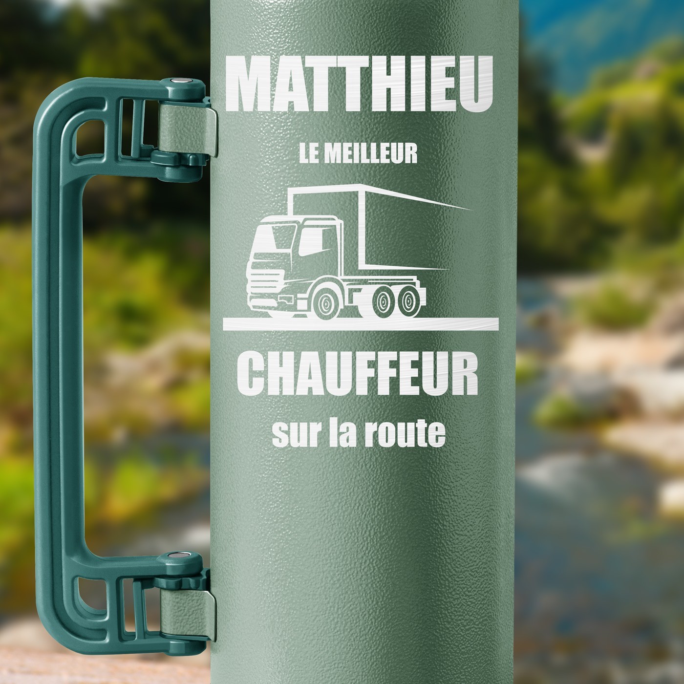 Thermos vert personnalisé pour l'anniversaire d'un chauffeur