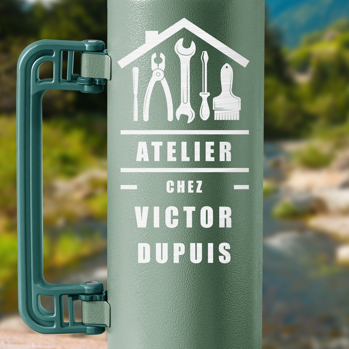 Thermos vert personnalisé pour l'anniversaire d'un bricoleur