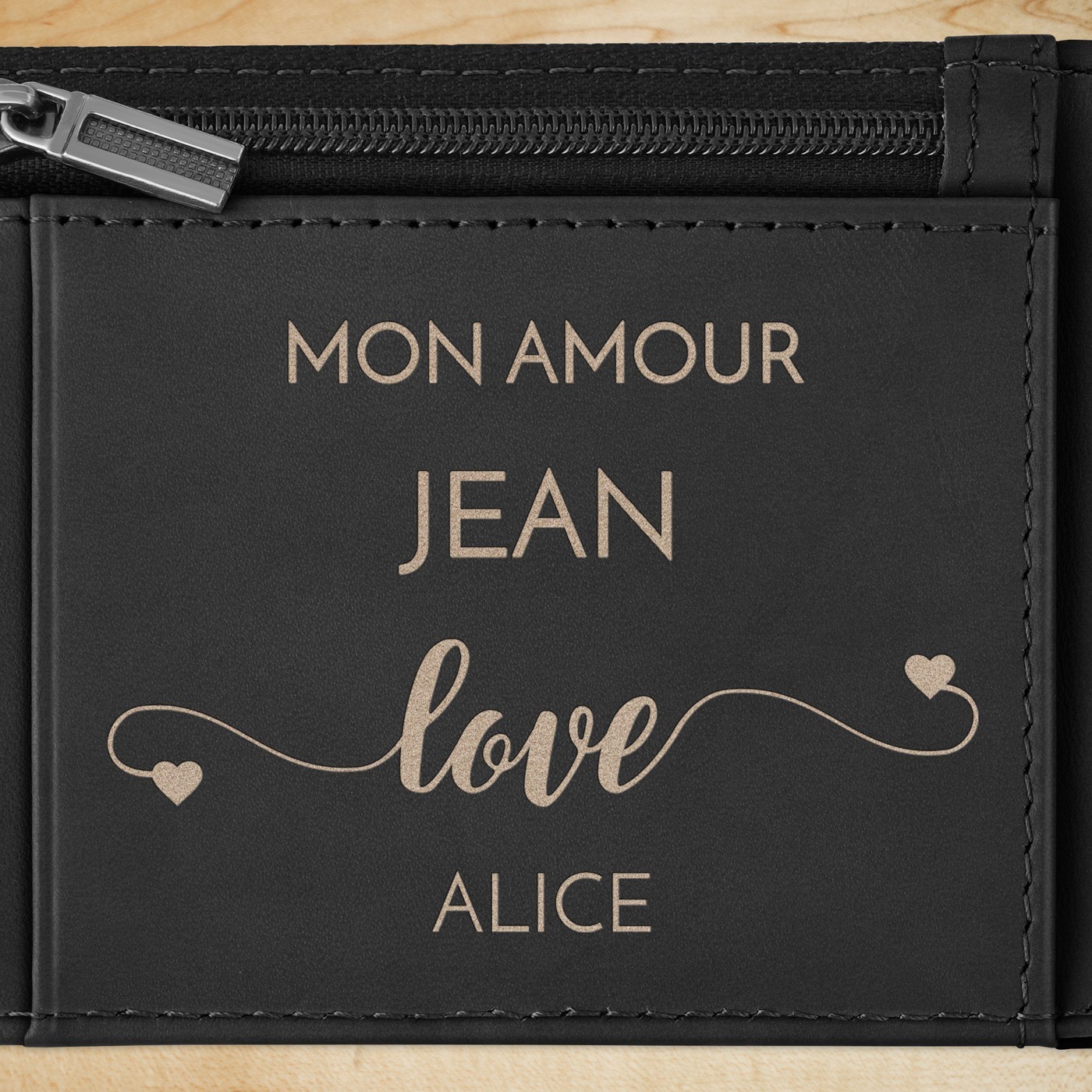 Portefeuille Slim en cuir noir carbone personnalisé pour un mari pour l'anniversaire de mariage
