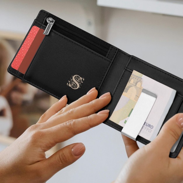 Portefeuille Slim en cuir noir carbone personnalisé pour l'anniversaire d'un oncle