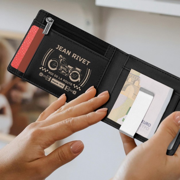 Portefeuille Slim en cuir noir carbone personnalisé pour l'anniversaire d'un roi de la route
