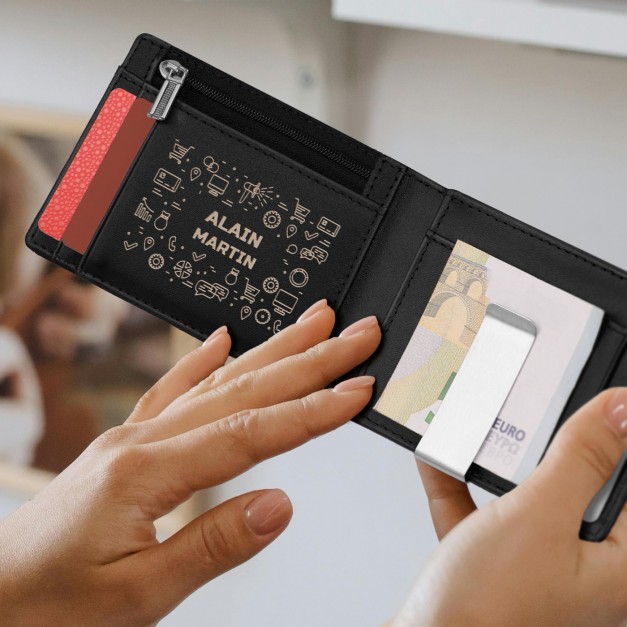 Portefeuille Slim en cuir noir carbone avec gravure pour l'anniversaire d'un bricoleur