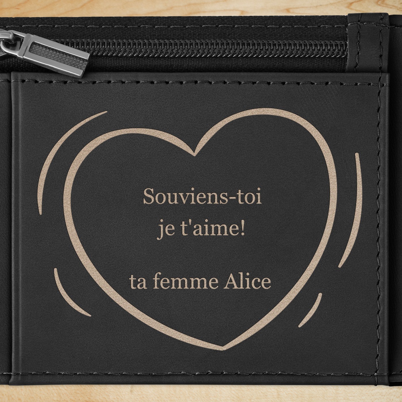 Portefeuille Slim en cuir noir carbone personnalisé pour un mari pour la Saint-Valentin