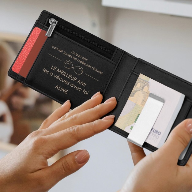 Portefeuille Slim en cuir noir carbone avec gravure pour un ami pour la Saint-Valentin